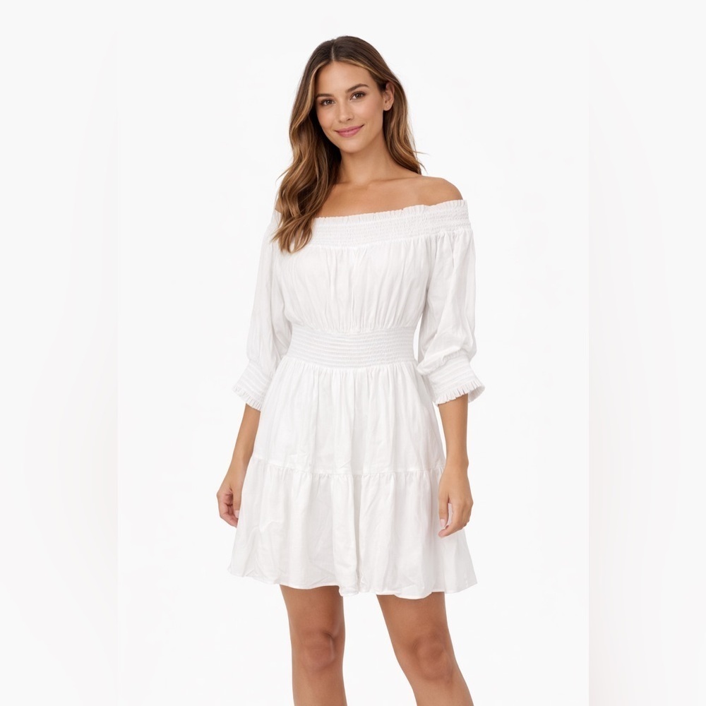 Gianni Bini White Off Shoulder Sundress Smocked Waist Boho Mini Dress M